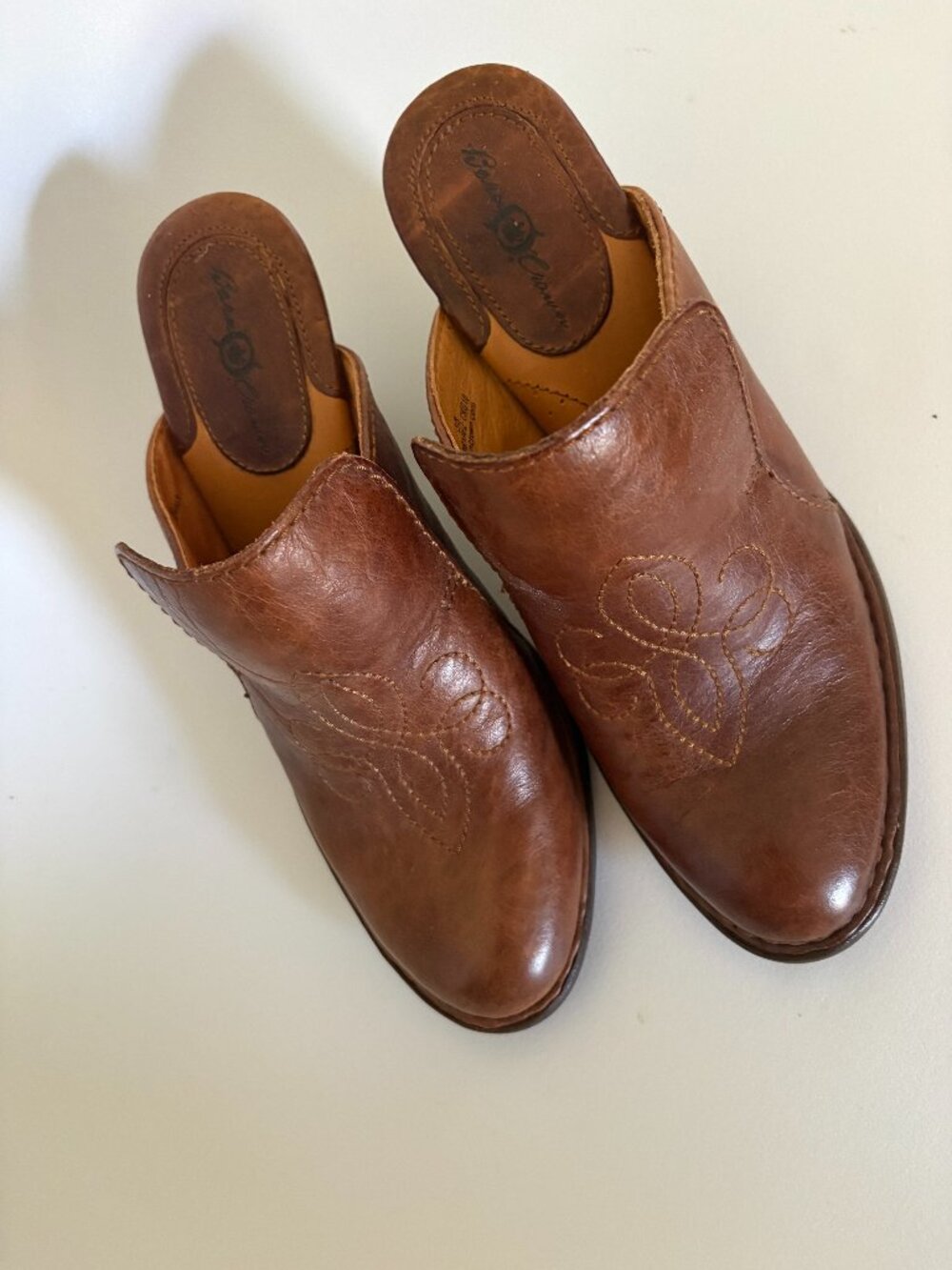 Born Crown Brown Leather Western Cowboy Boot Mules Size 7 Embroidered Heel 2.75"